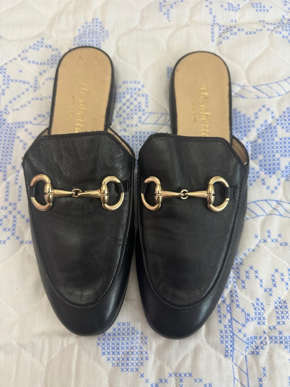 ELIZABETTA ITALY Black Leather Backless Mules with Gold Bit Accent